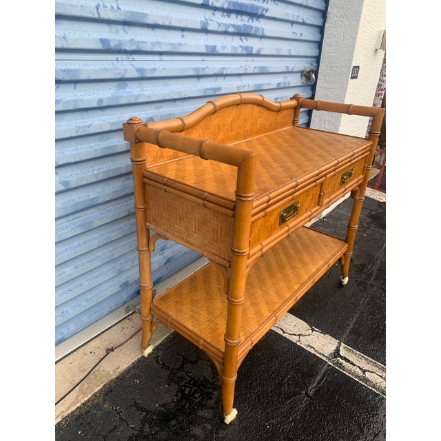 1970s Dixie Herringbone and Faux Bamboo Rolling Bar Cart For Sale - Image 9 of 9