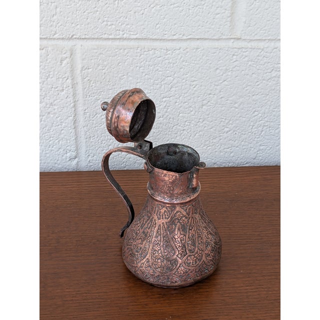 Turkish 19th Century Hand Etched Middle Eastern Tinned Copper Coffee Pot For Sale - Image 3 of 9