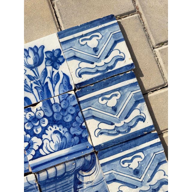 Ceramic Antique 18th Century Portuguese Floral Still Life in a Wicker Basket Tile Panel For Sale - Image 7 of 10