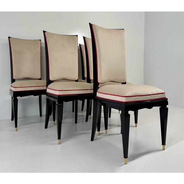 French Art Deco Black Lacquer and Ivory Velvet Chairs with Red Trims, 1940s, Set of 6 For Sale - Image 4 of 12