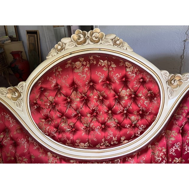 Mid 20th Century 3-Piece Victorian Rococo Revival Style Parlor Suite — Carved Cream & Gold Frames, Burgundy Brocade For Sale - Image 9 of 18