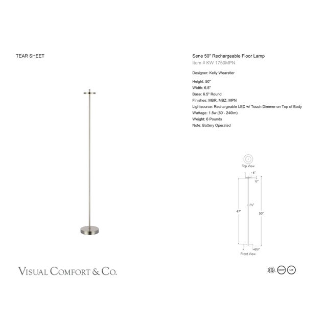Kelly Wearstler by Visual Comfort Signature Sene 50" Rechargeable Floor Lamp in Museum Nickel Designer: Kelly Wearstler...