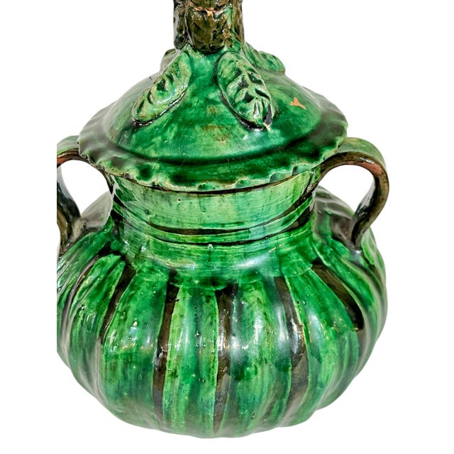 Vintage French Provincial Glazed Green Terracotta 2 Handle Pot With Lid For Sale - Image 6 of 16