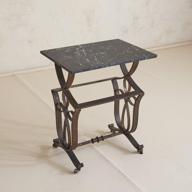 French Art Deco Wrought Iron + Black Fossil Marble Occasional Table, 1940s For Sale - Image 11 of 11