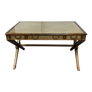 Theodore Alexander Antiqued Champagne + Glass Writing Desk For Sale
