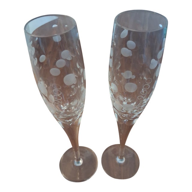 1990s Royal Doulton Millennium 2000 Crystal Champagne Flutes Celebration Set of 2 For Sale