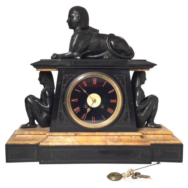 Black 1870s Egyptian Revival Marble, Slate & Bronze Clock For Sale - Image 8 of 8