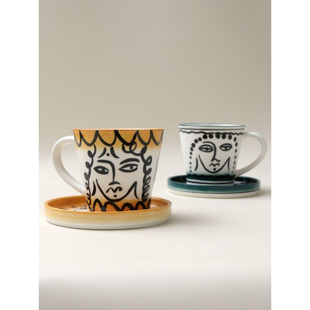 Abstract Abstract Face Ceramic Coffee Cup and Saucer Set of 2 - 4 pcs For Sale - Image 3 of 7