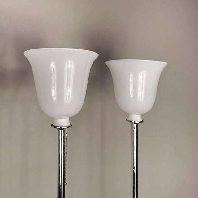 Metal Vintage Chromed-Plated Floor Lamps with Marble Bases and White Glass Diffusers in the style of Venini, 1970s, Set of 2 For Sale - Image 7 of 8