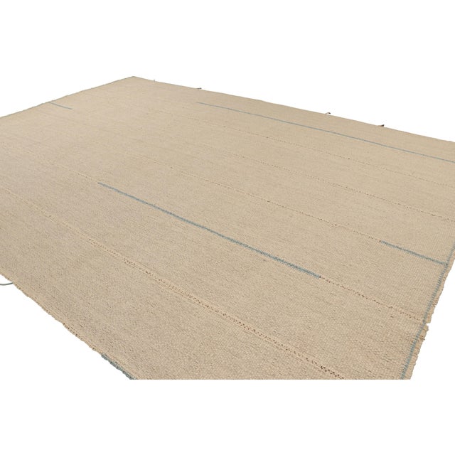 Rug & Kilim Rug & Kilim’s Oversized Kilim in Beige Textural Stripes and Blue Accents For Sale - Image 4 of 7
