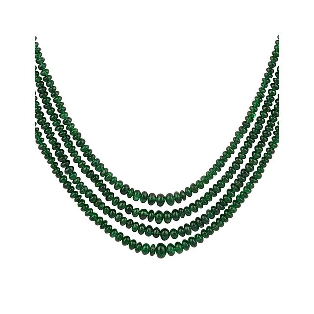 250ct Fine Emerald Beads 4 Line Necklace with 14 Kt Yellow Gold Clasp Adjustable For Sale - Image 16 of 18