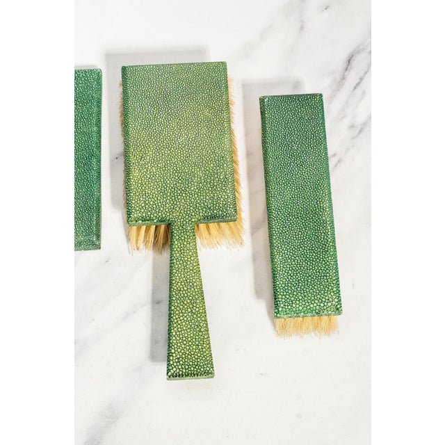 Green Art Deco Antique Shagreen Dresser Set 5-Piece Vanity Grooming Brush Set For Sale - Image 8 of 18
