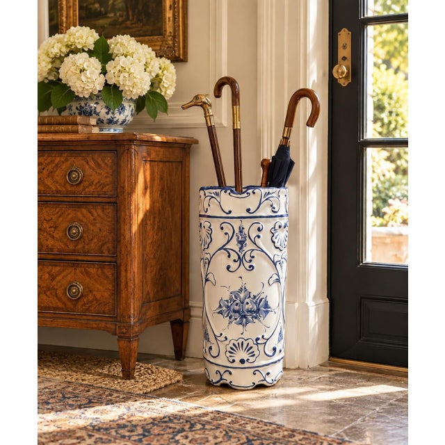 A beautifully decorative vintage Portuguese porcelain umbrella stand, dating to circa 1980s, featuring an elegant...