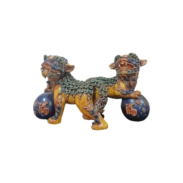 Mid 20th Century Vintage Polychrome Pair of Clay Foo Dogs For Sale - Image 5 of 5