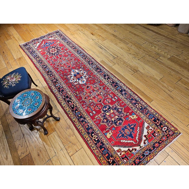 Vintage Persian Heriz Wide Runner, Hand-Knotted Wool, Geometric Design, Red & Navy, 4x12 For Sale - Image 9 of 18