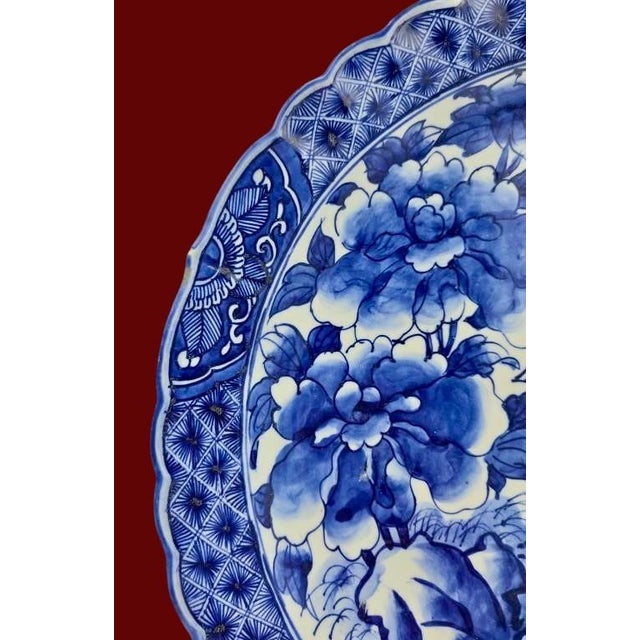 Blue Antique Japanese Arita Blue White Charger Plate Foo Dog Lion Peony-19''-Asian For Sale - Image 8 of 11