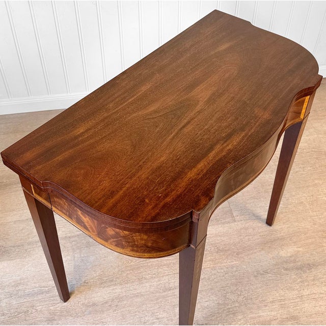 Antique Hepplewhite Inlaid Mahogany Expanding Half Moon Console Card Table For Sale - Image 9 of 15