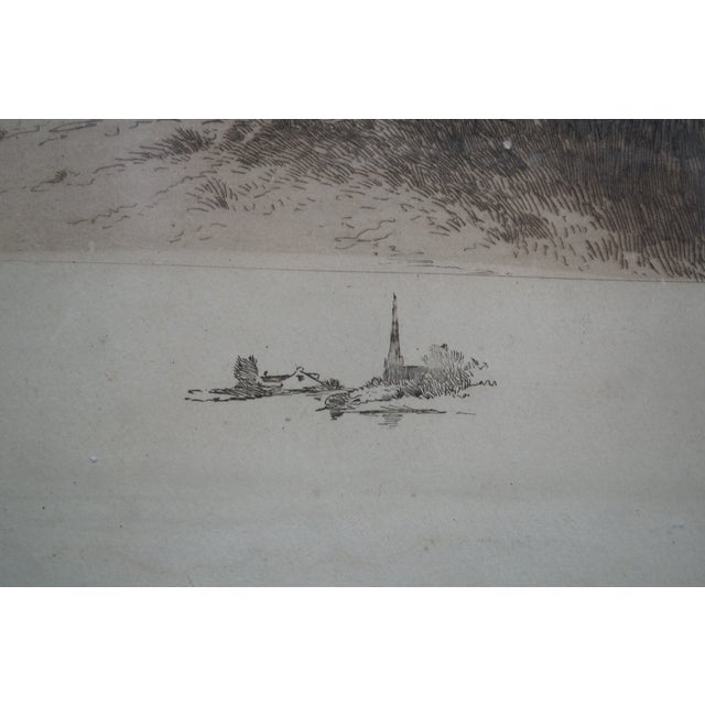 Antique Panoramic Country Farmhouse Church Steeple River Landscape Etching 30" For Sale - Image 6 of 13