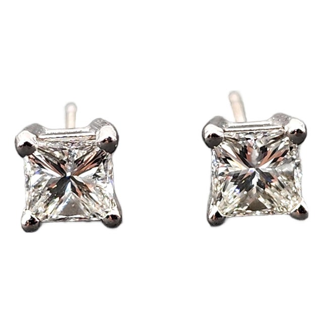 1.00 Ct Princess Cut Diamond Studs, Pair For Sale