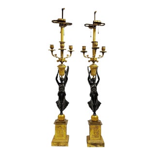 Early 19th Century French Empire Gilt and Patinated Bronze Table Candelabra Lamps - A Pair For Sale