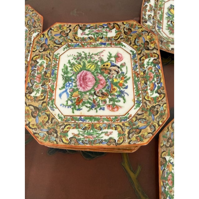 Antique Canton Rose Thousand Butterflies Porcelain Plates, Set of Ten For Sale - Image 4 of 12