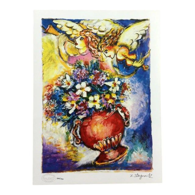 Modern Unframed Angels w Vase of Flowers Zamy Steynovitz Signed Seriolithograph For Sale