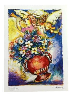 Modern Unframed Angels w Vase of Flowers Zamy Steynovitz Signed Seriolithograph