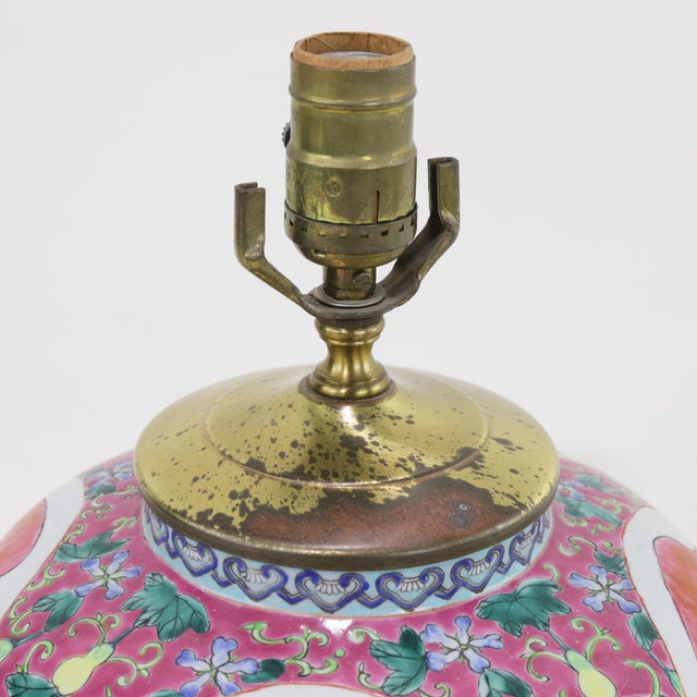 Ceramic Vintage Chinese Peach Motif Porcelain Table Lamp With Longevity Symbol For Sale - Image 7 of 10