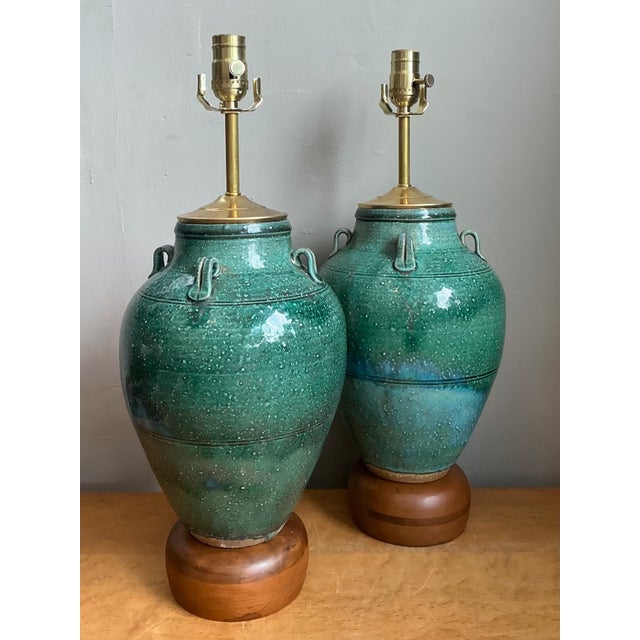 Vintage Green Glazed Ceramic Table Lamps - Pair For Sale In West Palm - Image 6 of 12