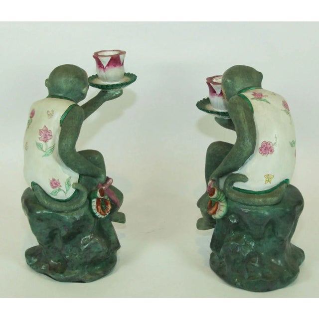Plastic Pair of Vintage Chinoiserie Monkey Lotus Candleholders, Painted Resin For Sale - Image 7 of 13