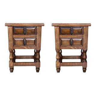 20th Century Pair of Spanish Nightstands With Two Drawers and Iron Hardware For Sale