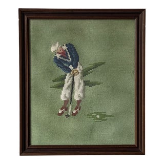 Framed Vintage Needlepoint of Golfer For Sale