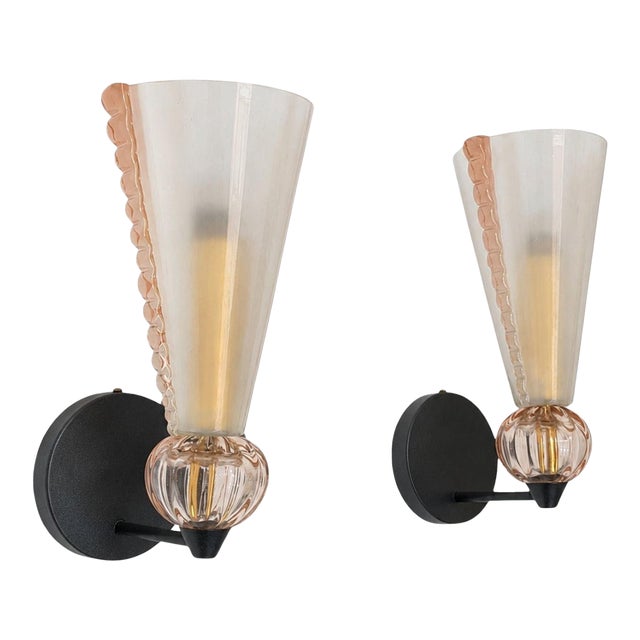 Mid 20th Century Mid-Century Modern Pink Sconces Murano Glass Wall Lights Attributed to Barovier & Toso - Pair For Sale