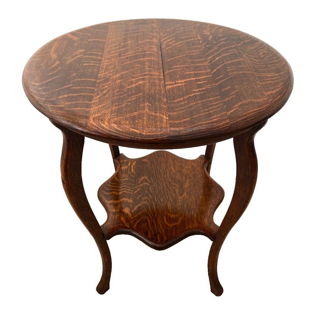 Antique Round Table With Square Bottom Plant Book Shelf, Quarter Sawed Tiger Oak For Sale In Palm Springs - Image 6 of 11
