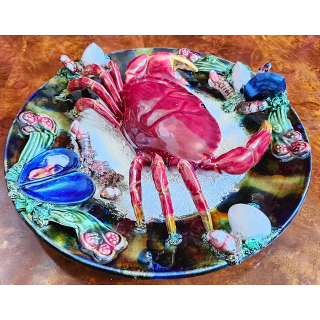 Hit the heart and follow us for sales and discounts! 13" Majolica Crab Motif Plate, Portugal, C. 1940s Portugal, Circa...