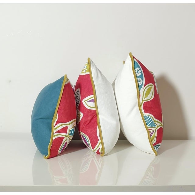 Vibrant Cottagecore Charm: Hana Chess in Ruby + Romo Miro in Beijing Blue + Down-Feather Filled Pillows = a Set of 4 For Sale - Image 15 of 17