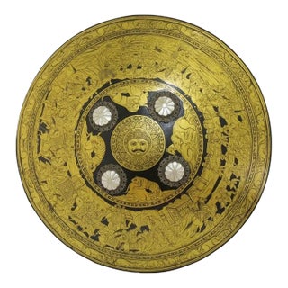 Indian Ceremonial Rajput Dhal Shield Intricate Gold Painted Hunting Scenes For Sale