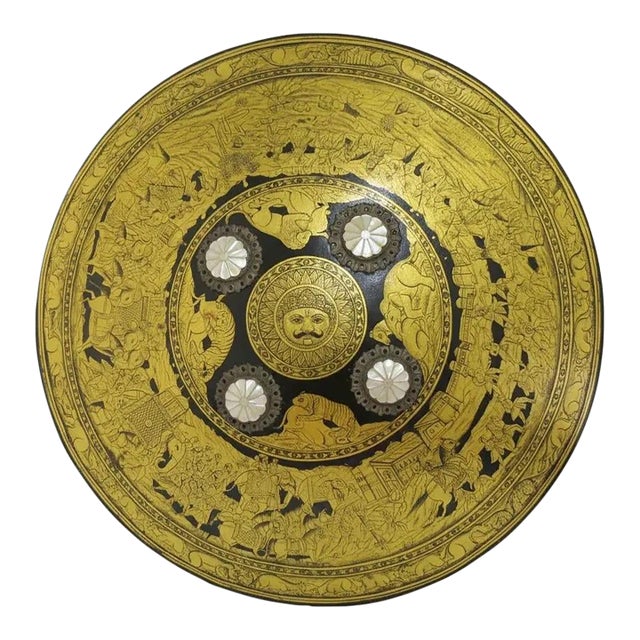 Indian Ceremonial Rajput Dhal Shield Intricate Gold Painted Hunting Scenes For Sale
