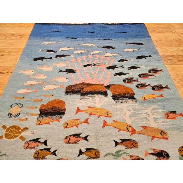 Textile Vintage Hand-Woven Kilim Area Rug, Pictorial Ocean Scene Wall Art, 41” x 55” For Sale - Image 7 of 15
