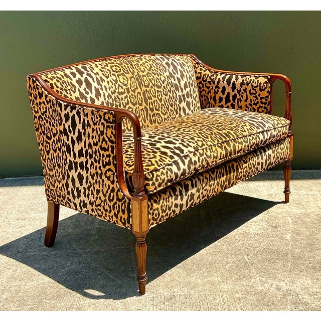 Wood Vintage Regency Napoleon 111 Leopard Velvet Settee For Sale - Image 7 of 12