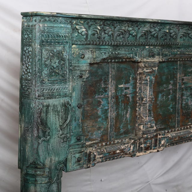 2020s Complete King Size Bed Constructed From an Antique Painted Teakwood Gujarati Door and Pillars For Sale - Image 5 of 10