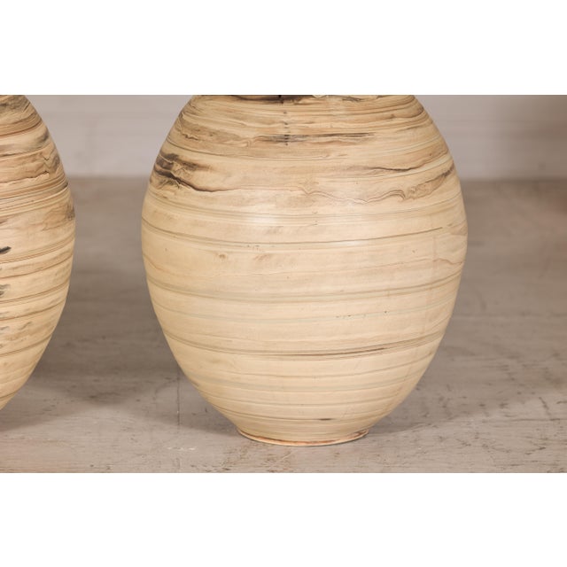 Cream Late 20th Century Large Artisan Ceramic Floor Vases with Cream and Brown Swirled Glaze (Sold Each) For Sale - Image 8 of 18