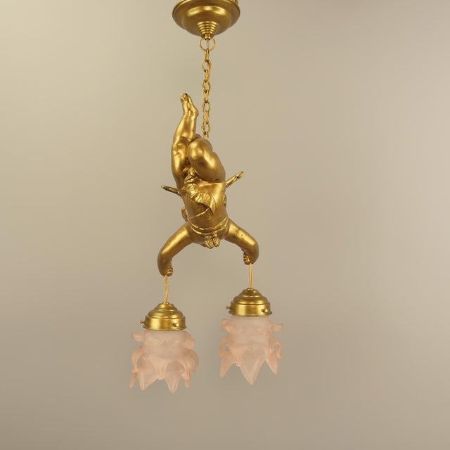 Metal Gilded Metal Angel Figure Ceiling Light, 1910s For Sale - Image 7 of 11