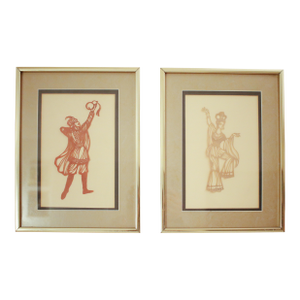 Early 20th Century Pair of Ottoman Shadow Puppet Figural Sculptures in Gold Metal Frames