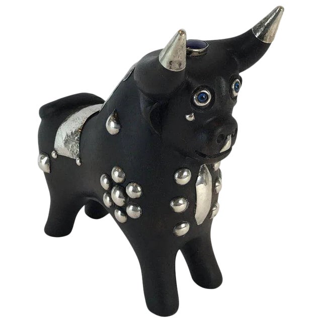 1960s Mid-Century Carved Wood and Silver Taurus Bull Sculpture For Sale