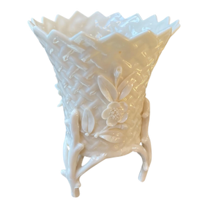 Belleek Pottery Co. Porcelain Basketweave 3 Footed Vase With Applied Decoration, 1955-1965
