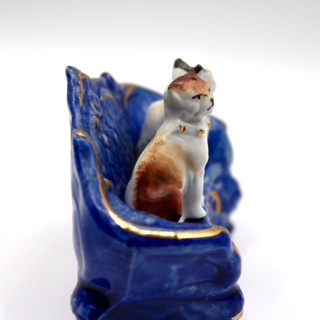Rococo Antique Late 19th Century German Porcelain Miniature Figurine – Two Cats on Blue & Gold Armchair, Mold No. 3896 For Sale - Image 3 of 11