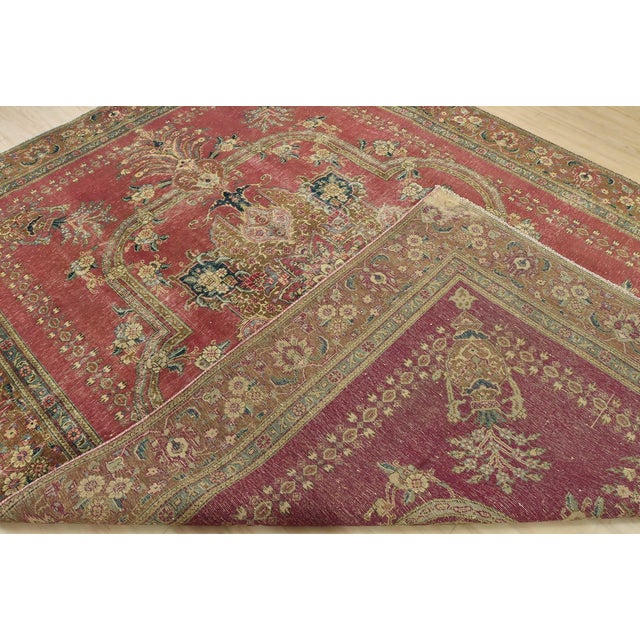 Tabriz Rug 9’1” X 12’4” Red Wool Vintage Distressed Hand-Knotted Carpet For Sale - Image 14 of 15