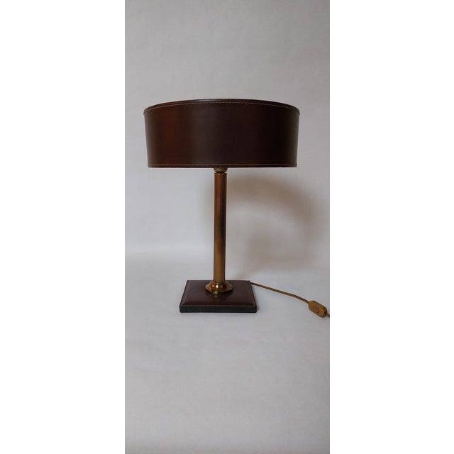 Metal Square Base Table Lamp in Brown Leather attributed to Jacques Adnet for ILG For Sale - Image 7 of 18