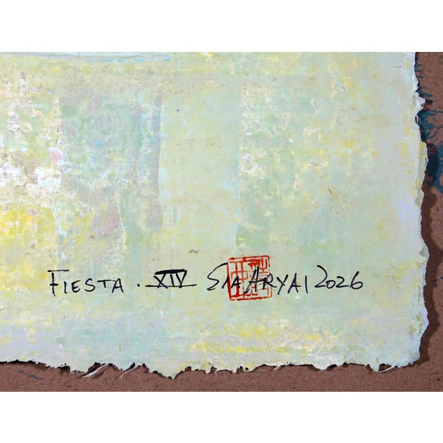 Fiesta. XIV WHite Framed Surreal Shades of Yellow, Blue and Green Painting For Sale In Los Angeles - Image 6 of 7